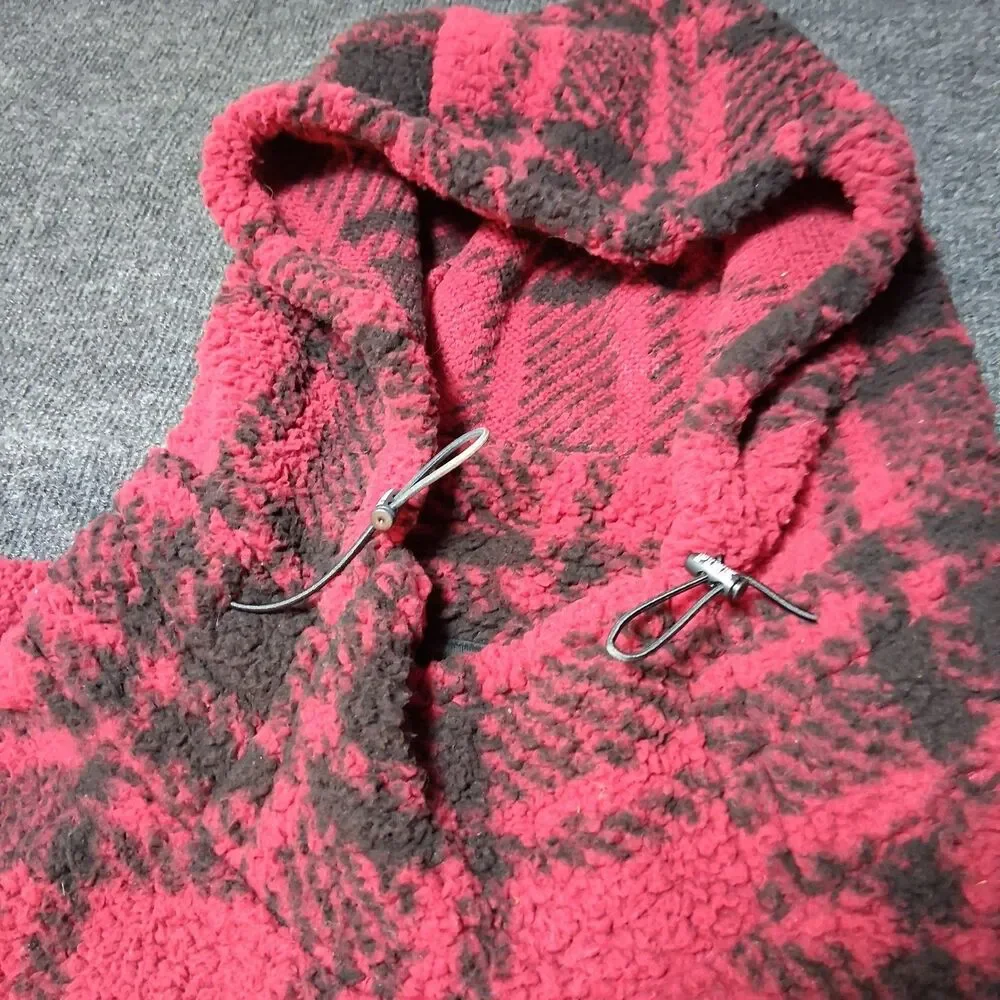 PINK‎ Victoria’s Secret Sherpa Hoodie XL Red Buffalo Plaid Pullover Cozy Toasty